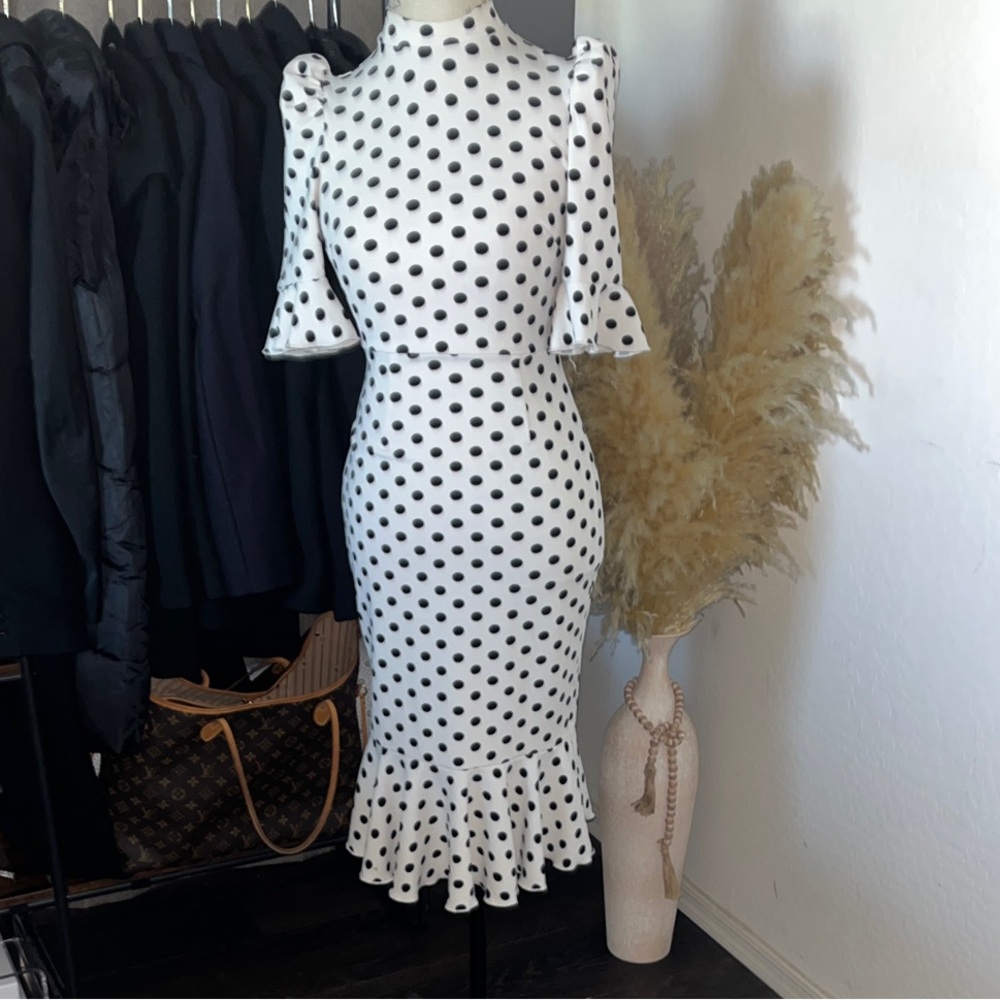 White Polka Dot Ruffle-Hem Midi Dress
